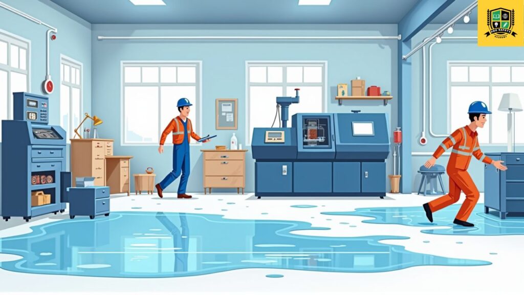 Flooded workshop floor showing water buildup and potential safety hazards