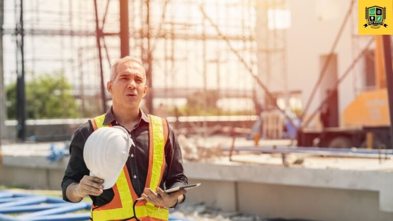 A construction worker wearing protective gear and hydrating under the sun to avoid heat-related hazards on a hot day.