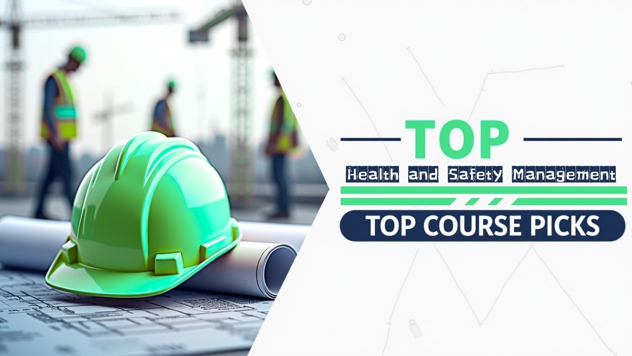 Construction workers attending a health and safety training course on-site with safety helmets and gear.