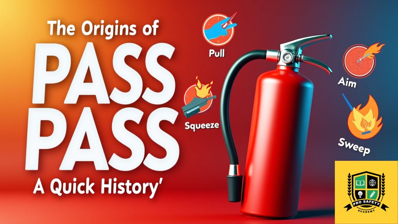 Illustration showing The Origins of PASS: A Quick History with fire extinguisher safety steps.