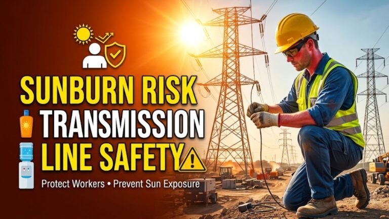 Construction workers wearing hard hats and long-sleeve safety gear on a transmission line tower under strong sunlight