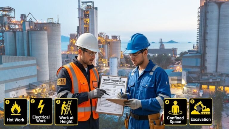 Worker and supervisor reviewing a Permit to Work document on-site before starting hazardous work