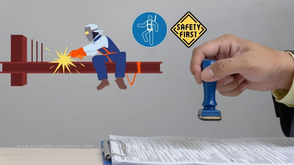 Site supervisor reviewing and signing a Permit to Work document before authorizing high-risk construction work