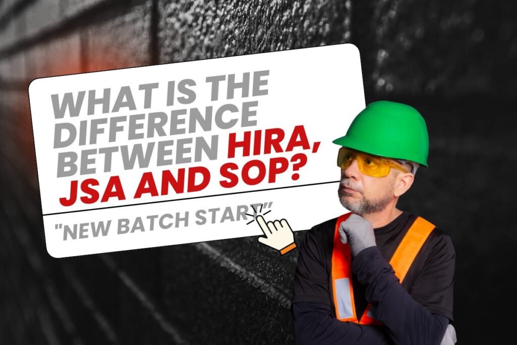 Safety professional reviewing HIRA, JSA, and SOP documents at a workplace