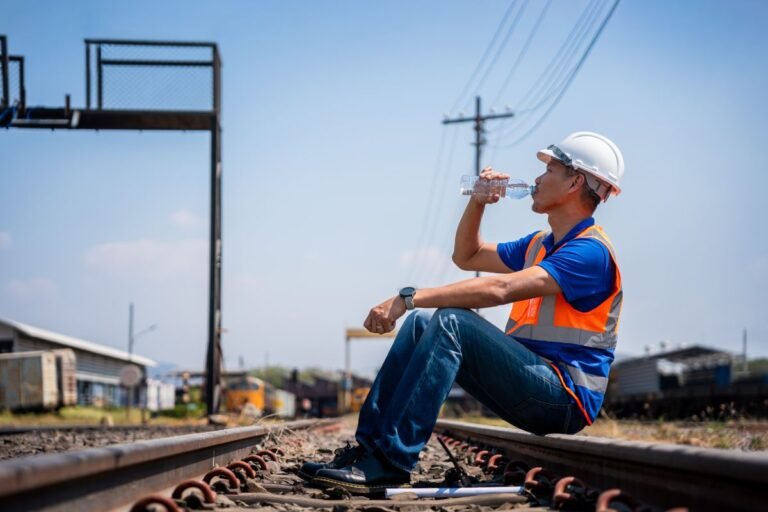 Worker drinking water to prevent heat stress and dehydration in a hot workplace
