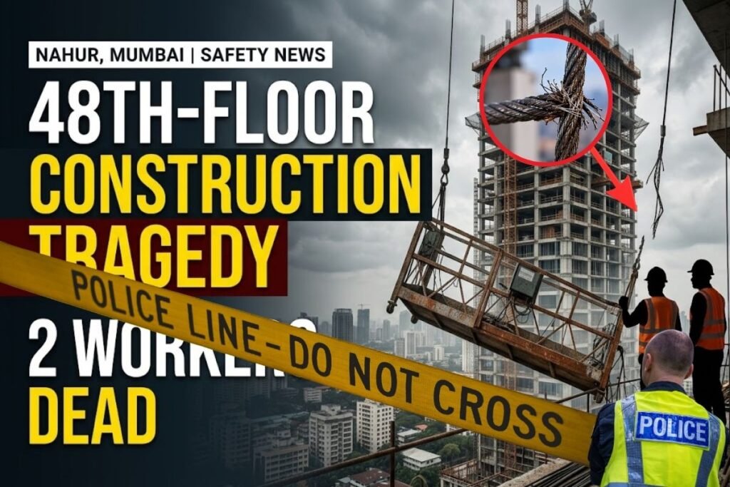 Construction workers using a suspended platform at a high-rise building site