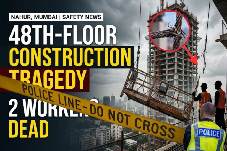 Construction workers using a suspended platform at a high-rise building site
