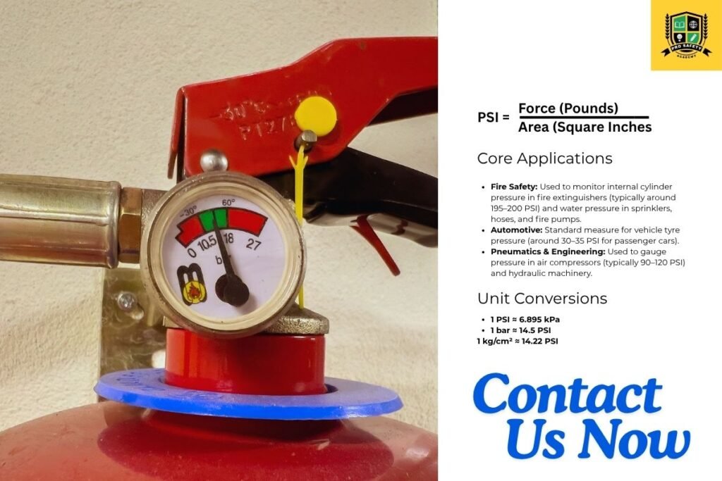 PSI (Pounds per Square Inch) pressure gauge on a fire extinguisher