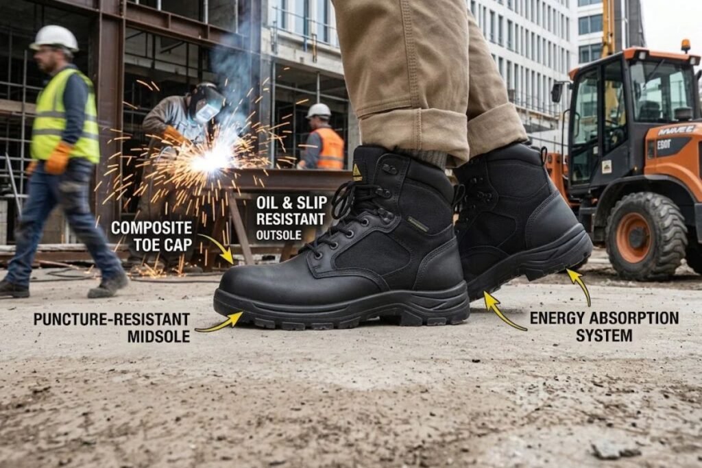Safety shoes designed for construction site workers with protective toe caps and slip-resistant soles
