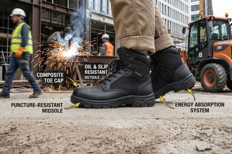 Safety shoes designed for construction site workers with protective toe caps and slip-resistant soles