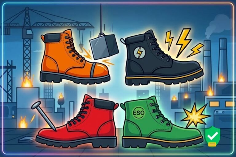 Different types of safety shoes used for construction and industrial workplace protection