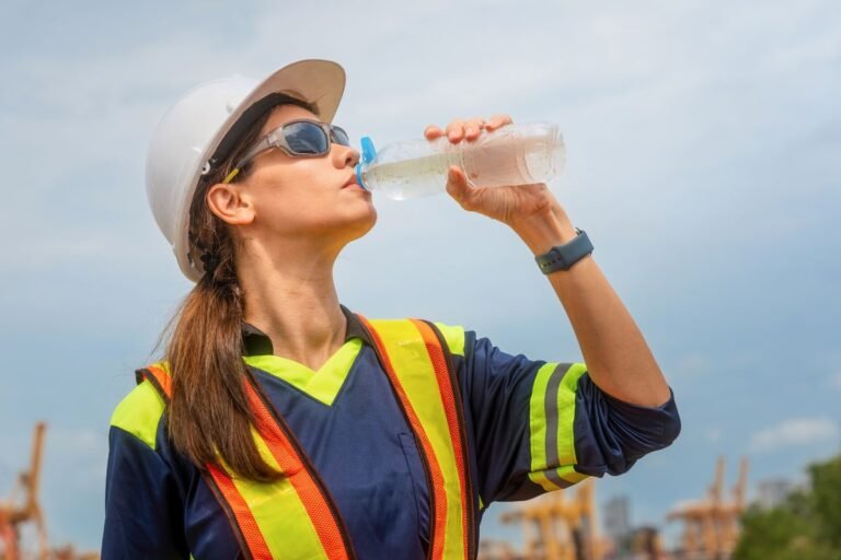 Worker drinking water during a workplace safety break to prevent dehydration and heat stress